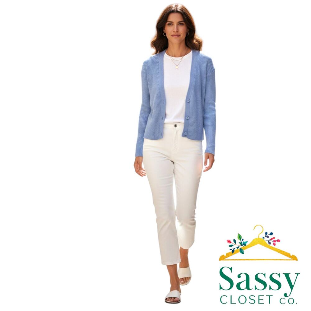 Cabi Snapshot Cardigan M Blue Cropped Ribbed Knit Snap V Neck Sweater 6173